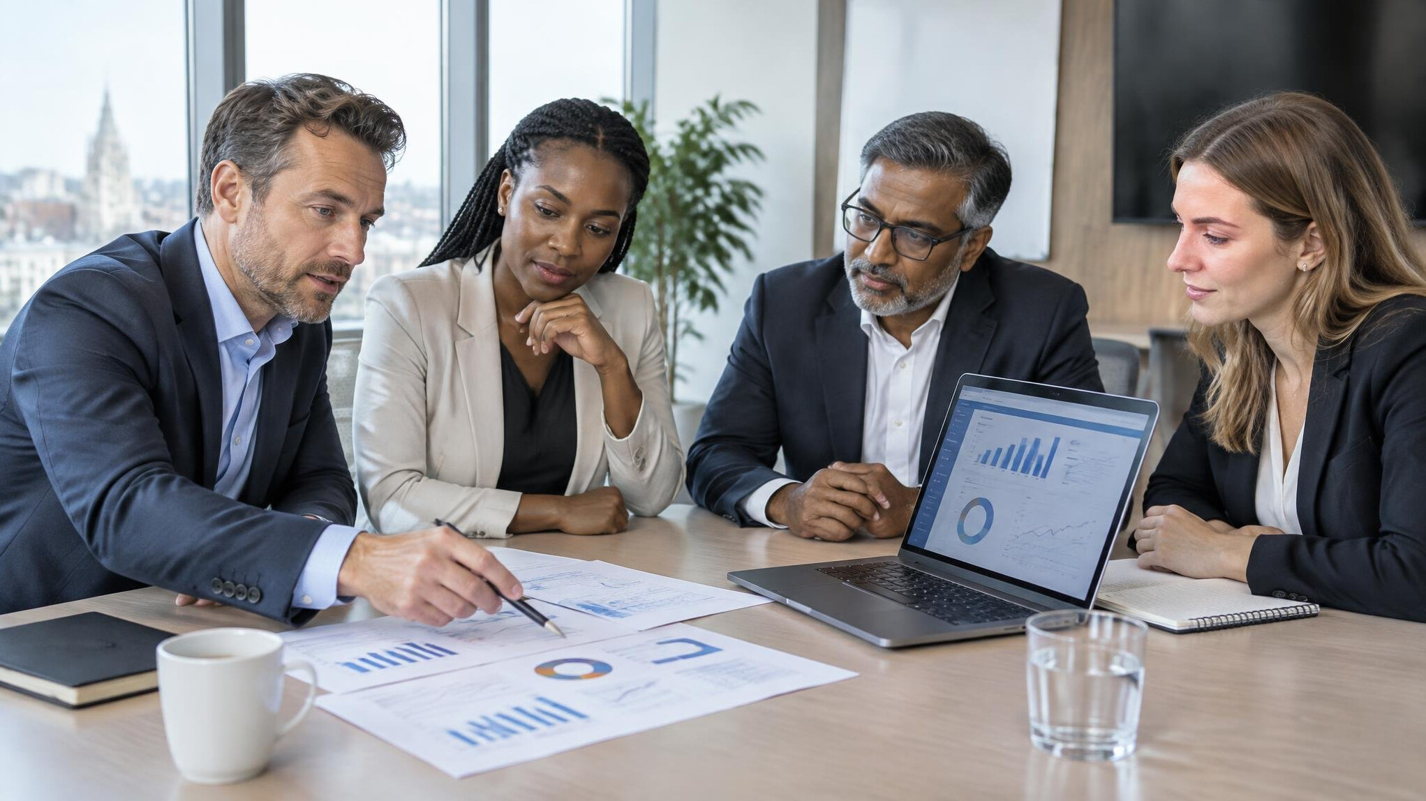 Diverse team of executives discussing performance charts in a meeting room